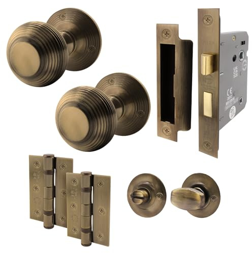 EAI Beehive Bathroom Door Knob Set Antique Brass | 1 Pair of Reeded Mortice Knobs (55mm), Lock (80mm) & Hinges (76mm) for Internal Doors