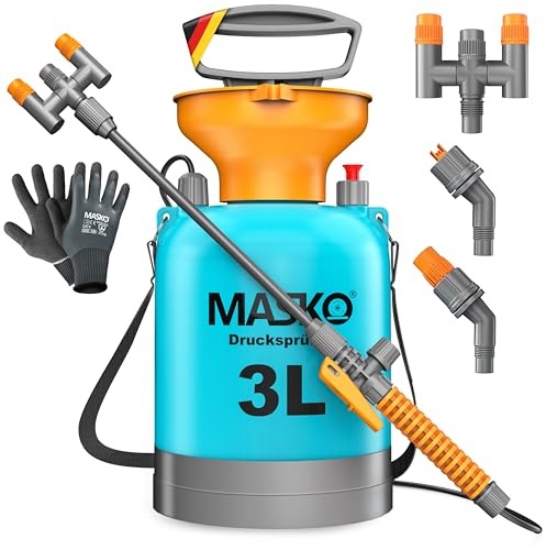 MASKO® Pulvérisateur à pression résistant aux acides 3 l avec buses réglables et tuyau de 1,3 m | Pulvérisateur pour protection des plantes, jardin et voiture | Pulvérisateur à pompe avec sangle de