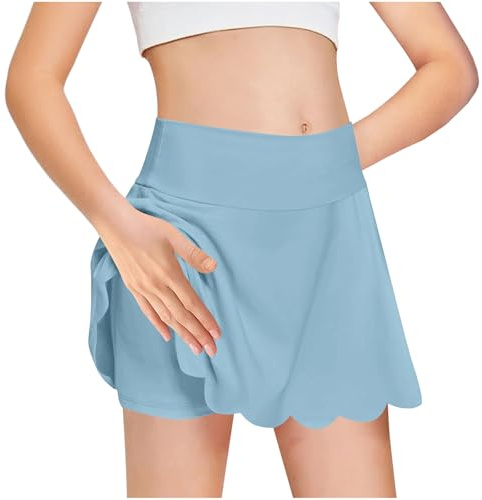 KODMNSW Hosenrock Mädchen Tennisrock Rock mit Hose Drunter Minirock Hohe Taille A Line Plisseerock Sportrock Sommerrock Wickelrock Leggings mit Röcke Weich Bequem Skort Hellblau 150