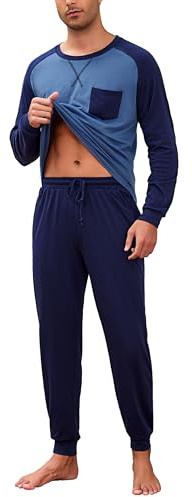 Aseniza Pijama Hombre Invierno Conjunto - Pijama Algodón Hombre de Manga Larga con Diseño Raglán y Contraste Ropa de Dormir Invierno 2 Piezas Azul Cielo XL