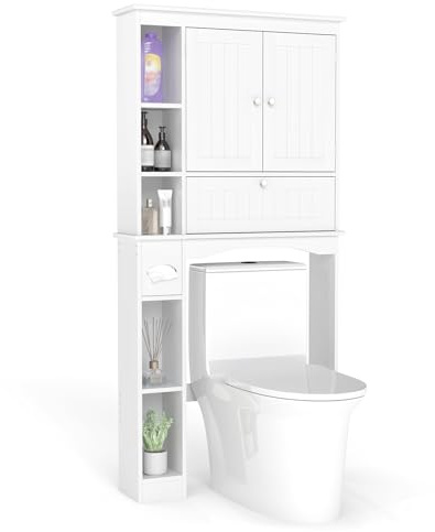 COSTWAY Over Toilet Storage Unit, Freestanding Bathroom Space Saver with Toilet Paper Holder, Doors & Open/Adjustable Shelves, Wooden Above The Toilet Cabinet Laundry Organizer for Small Space, White