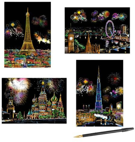 OUDQFCJ 4 Scratch Art - Scratch Paper Art - Scratch Art Adulti -Utilizzato per Graffiti,Disegni E Dipinti. è Un Ottimo Regalo per Compleanni E Vacanze