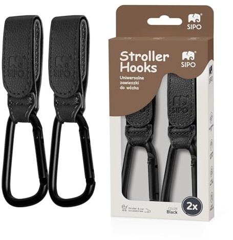 SIPO Universal Kinderwagen Haken – 2er Set Schwarz | Eco-Leder & Alu-Karabiner | Belastbar bis 5 kg, Verstellbarer Klettriemen, Stilvoll & Robust