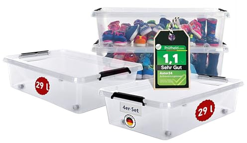 astor24 [Test SEHR GUT, NOTE 1.1 4x 29 L Unterbettboxen mit Rollen [58 × 39 × 16 cm], Aufbewahrungsbox mit Deckel, Aufbewahrung und Organisation, Organizer für Küche Büro Haushalt Schrank Werkstatt
