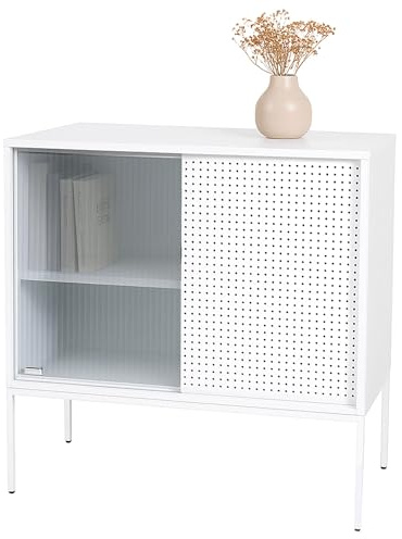 Comò HWC-O90, armadietto credenza highboard, vetrinetta ante scorrevoli in metallo 85x80x45cm - bianco