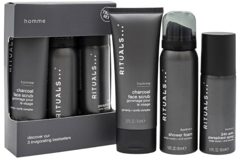 Rituals Homme presentset, duschskum 50 ml, antiperspirant spray 50 ml, kol-ansiktsskrubb 70 ml, cederträ och E-vitamin komplex, 3 delar