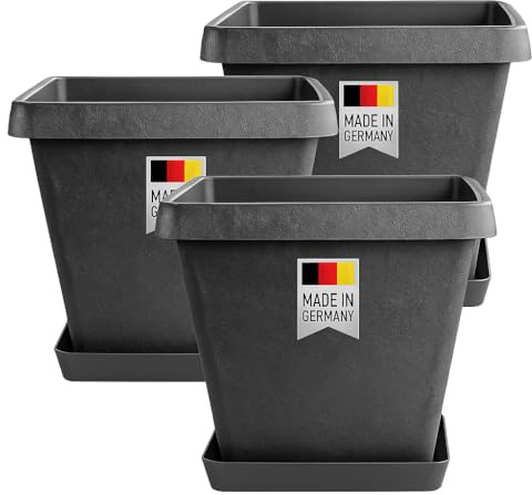 2friends 3er Set Blumenkübel groß außen 34 cm - Pflanzkübel eckig mit Untersetzer, Kunststoff Anthrazit, Frost- & UV-beständig, vorinstallierte Drainagelöcher, stapelbar