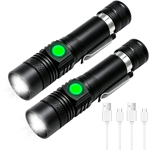 2PCS 1400LM LED Torch Rechargeable Super Bright Adjustable Focus Flashlight | IPX6 Rated Waterproof Pocket Tactical Torches Long Battery Life 4 Modes for Camping Hiking Emergencies with USB Cables