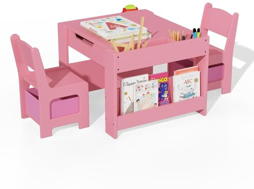 Garvee 4-in-1 Kindertisch und Stuhlset aus Holz – Multifunktional mit wendbarer, abwischbarer Tischplatte, Regalen, Schubladen und 2 Stühlen – Ideal für Basteln, Malen und Spielen im Kinderzimmer – | 4-in-1 Kindertisch aus Holz mit 2 Stühlen, abwischbarer Tischplatte, Regalen und Schubladen für Kinder