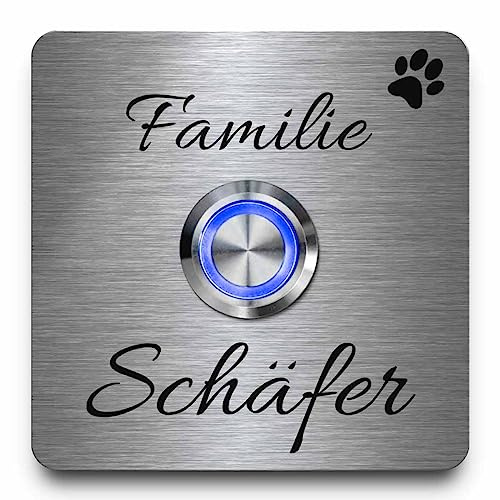 Edelstahl Türklingel mit Gravur - Modell Schäfer | Klingelschilder mit schönen Motiven und Premium Klingelknopf | unterschiedliche Größen ab 7x7 cm | wahlweise mit Dekorplatte aus Acrylglas