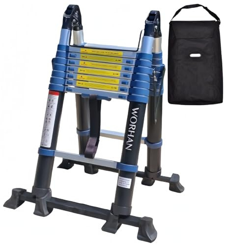 WORHAN 5m TELESKOPLEITER MIT DOPPELT AUSFAHRBAREN STABILISATOREN TELESKOPISCH ANLEGELEITER KLAPPLEITER TELESKOP Leiter MULTIFUNKTTIONS K5A+Bag
