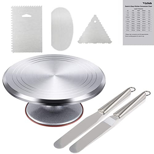 Tortenplatte Drehbar Aluminiumlegierung, Yizish Drehbare Tortenplatte 31 cm, Drehteller Torte Dekorationssets mit 2 Eisspatel und 3 Teigschaber Edelstahl zum Backen, Gebäck und Muttertag
