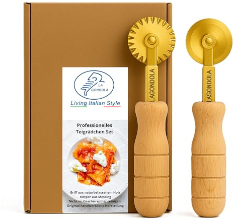 La Gondola Set of 2 Homemade Pastry Wheel Cutter & Dough Slicer – Brass and Wood Handles | Smooth & Festooned Cutters for Ravioli, Pasta, and Pastry | Perfect for Dough Cutting and Baking