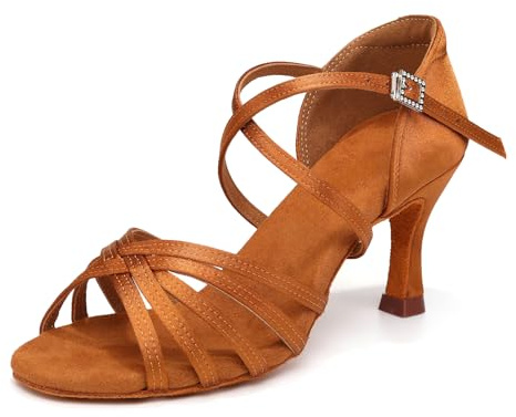 SWDZM Chaussure Danse Latine Femme Satin Open Toe Ballroom Practice Salsa Dance Shoes,Marron,EU 35