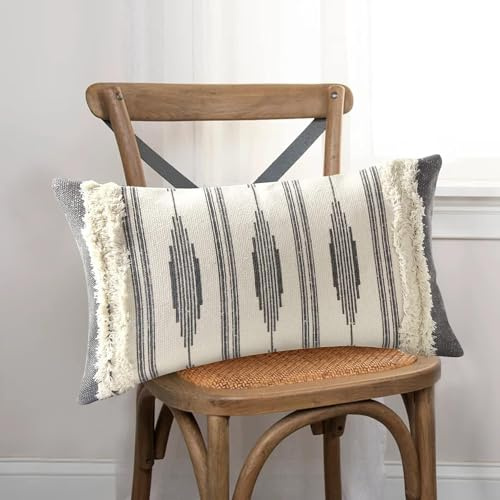 MOCOFO Housse de Coussin tissée à Franges Style bohème -Blanc/Gris, 30x50 cm