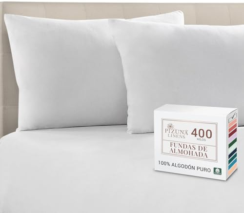 Pizuna Funda Almohada Algodon 45x75, Tejido Satinado de Lujo 100% algodón de Fibra Larga de 400 Hilos Lote de 2 Fundas de Almohada con Solapa de 15 cm en un Lado (Funda Almohada Blanco)