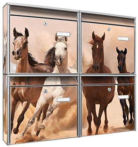 banjado Briefkastenanlage 4 Fach - Postkästen groß - verzinkter Stahl Silber DIN A4 Motiv Pferde Herde - Briefkasten Set 4 Briefkästen Namensschild, 2 Schlüssel, Montagematerial