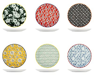 H&H Colourful Set 6 Piatti Frutta in Porcellana, 19cm, Decori e Colori Assortiti, Moderni ed Eleganti