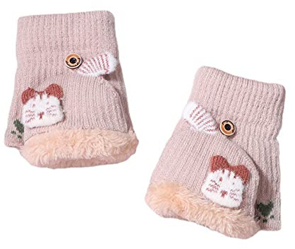 Mitaines Chauds Enfants Gants Convertibles Doublure Peluche Thermique Hiver Moufles de Renne Mignon Gants Demi-Doigts Tricoté Epais Mitaine d'Extérieur Jouer Ski Flexible pour Garçons Filles 2-5 Ans