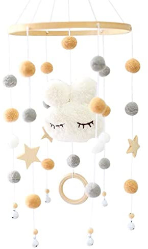 Mobile Baby Windspiele , Holz mit Filzbällen Wolken Mobile Baby Mädchen Bettglocke Anhänger für Babybett (Weiß)