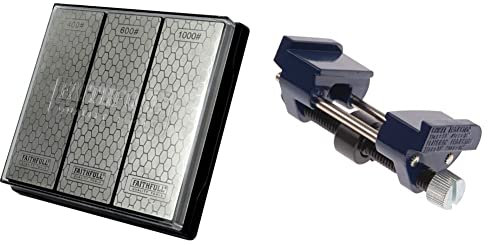 Faithfull Diamond Whetstone Sharpening Kit. 3 Stones: 400G Coarse, 600G Medium and 1000G Fine includes Non Slip Base Unit & FAIHG Honing Guide for Bevel Edge chisels and plane irons