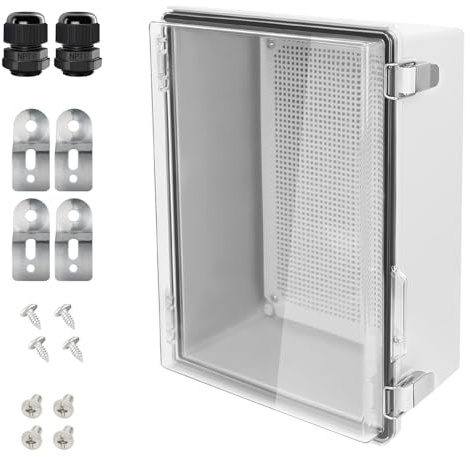 LeMotech Electrical Box, IP67 Waterproof Hinged Clear Cover Stainless Steel Latch Junction Box, ABS Plastic Electrical Enclosure with Mounting Plate,Wall Brackets, Cable Glands,11.8x7.7x5.2,Grey