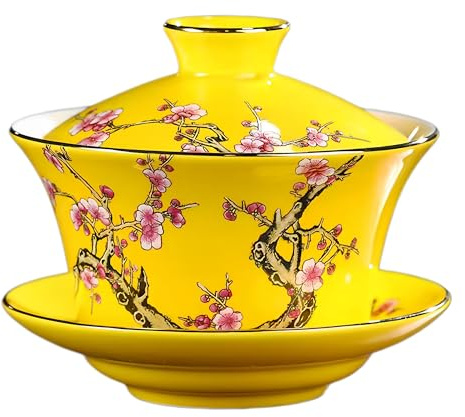KOPYFANTAP Chinesische Porzellan Gaiwan Teetasse 300ml, Gelb | Keramik Kung Fu Sancai Teeschale mit Deckel und Untertasse Für Teeliebhaber, Teekunst, Pflaumenblüte