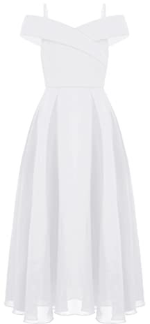 iiniim Robe Cérémonie Soirée Cocktail Enfant Fille Robe Épaules Denudee sans Manches Demoiselles d'honneur Princesse Robes Mousseline De Soie 4-16 Ans Blanc 13-14 Ans