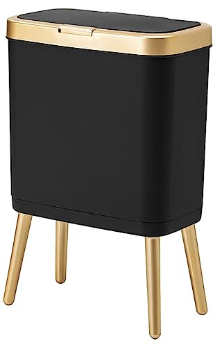 Procade Office Trash Can with Lid, Black Bathroom Trash Can with Gold Edge, Modern Narrow Garbage Can with Legs, Slim Plastic Trash Bin for Bedroom, Living Room,Kitchen,Toilet, 4 Gallon