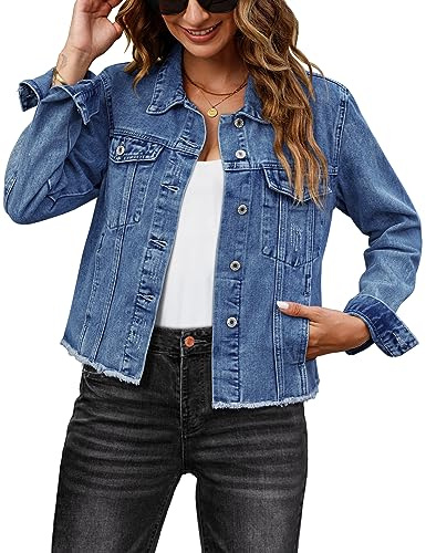 luvamia light jackets for women lightweight denim jacket women for summer shacket distressed denim jacket denim button down shirt womens fashion summer Classic Blue Size Medium Fits Size 8 10