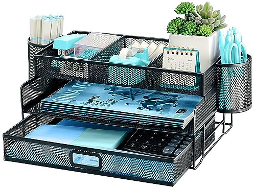 Briefablage für Büro, Dokumentenablage mit Stifthalter, 3-Fach Schreibtisch Organizer Metall, Papierablage Mesh, Ablagefächer Stapelbar, Briefschublade, Büro Organizer, Papierablagefach