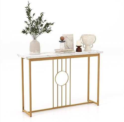 COSTWAY Table Console, Console Meuble Faux Marbre, Cadre en Métal Doré, Kit Anti-Basculement Inclus, Console Entree pour Couloir, Salon, 120 x 30 x 80,5 cm