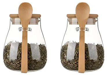 DNIENKGE Airtight glass jar storage container with bamboo lid Set of 2, wide mouth, leak-proof, With a spoon, can be used for coffee beans, tea leaves, grains, dried fruits, etc (Small)