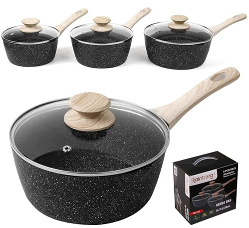 Rainberg Saucepan with Lid, Nonstick Milk Pan Suitable with Induction, Gas and Electric Hobs, Cooking Pot with Pour Spout. (Black, 3PK 16-18 & 20cm)
