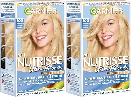 Garnier Nutrisse Creme Nr. 100 Extra Helles Naturblond, dauerhafte Pflege-Haarfarbe, mit nährenden Fruchtölen, 100% Grauabdeckung (Packung mit 2)