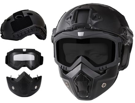 Caschi Softair e Maschera Integrale, Occhiali Airsoft Rimovibili, Casco Paintball PJ Fast con Supporto NVG Anteriore e Guida Laterale