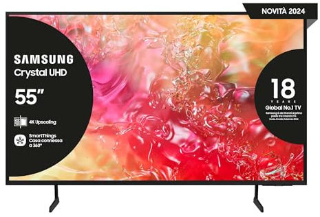 Samsung Smart TV 55 UE55DU7190UXZT, Crystal 4K UHD, 4K Upscaling, Slim Look, DVBT-2, Q-Symphony & OTS Lite, Integrato con Bixby, comp con Alexa e Google Assistant, Black 2024 [Amazon EXCL.]