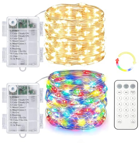 Hopelit 2x Micro Lichterkette Batterie 5m 50er LED mit Timer Farbwechsel Silberdraht