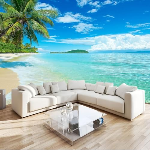 Cielo Blu Carta da Parati Murales palme da spiaggia con acqua di mare Fotomurali 3D Carta da Parati 400x280 cm, 3D Effetto Quadri Murali Murale Decorazione parete Soggiorno Camera da Letto