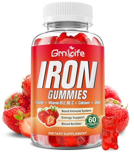 Iron Gummies for Women, Men & Kids, Sugar Free Iron Supplement with Calcium, Zinc, Folate & Vitamin B12, C, B6 - for Blood Building & Energy Support, Anemia, Strawberry, 60 Count