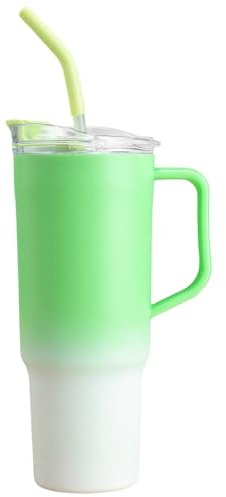Yisituo Bicchiere da viaggio in plastica con manico, 1200 ml, con cannuccia e coperchio, riutilizzabile, a doppia parete, per caffè, bevande, tè, acqua, frullati (1, verde)