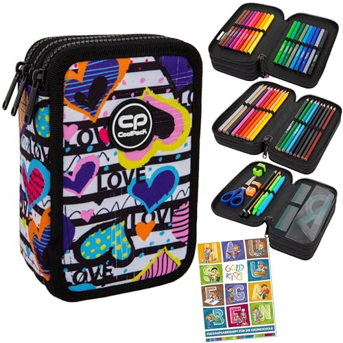 Goldkids - Federmäppchen 3 Fächer - Mäppchen für Mädchen - Federmappe 3-Fach Federtasche Gefüllte Schüleretui Schulmäppchen und Hausaufgabenheft - Diary Motiv