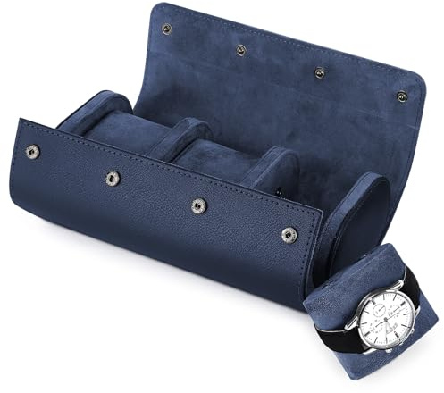 BAIGIO Boîte de Rangement Montres Portable en Cuir Upgrade Boîte de Voyage Présentoir Coffret Montres Classique avec 3 Compartiment Etui à Montre Homme Femme Cadeau, Bleu Marine
