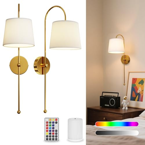 Yinglap Two Battery Operated Wall Lights Indoor with Remote for Living Room | Rechargeable Wall Lights,5000mAh Magnetic Dimmable Bulbs,18 Colors,Wireless Wall Sconces for Living Room Bedroom Gold