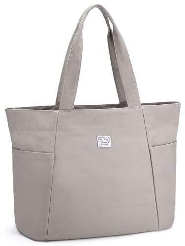 VASCHY Tote Bag Grande Ligera de Tela, Bolso Universidad Mujer Resistente con Múltiples Bolsillos para Oficina Colegio Trabajo Profesor Viaje Gimnasio, Caqui