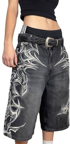 Pantaloncini in Denim Larghi da Uomo Y2K con Stampa Hip Hop alla Moda Casual a Gamba Larga Dritti da Skate Corti Pantaloni da Lavoro Larghi retrò Streetwear (Nero,M)