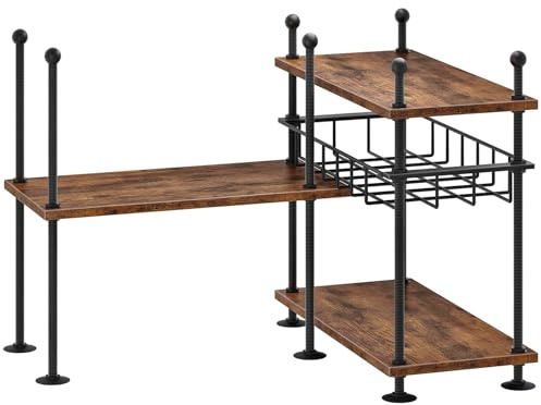 HOOBRO Justerbar hörnhylla i 4 nivåer med justerbar stång och ben, 3 installationslägen, för garderob, bänkskiva, badrum, kontor, rustik brun och svart, EBF21TL01