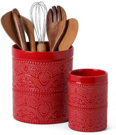 FUN ELEMENTS Kitchen Utensil Holder, 7.2+5.5 Super Large Utensil Crock Heavy and Stable Lace Emboss Ceramic Utensil Holder for Kitchen Counter (2Pcs Christmas Red)