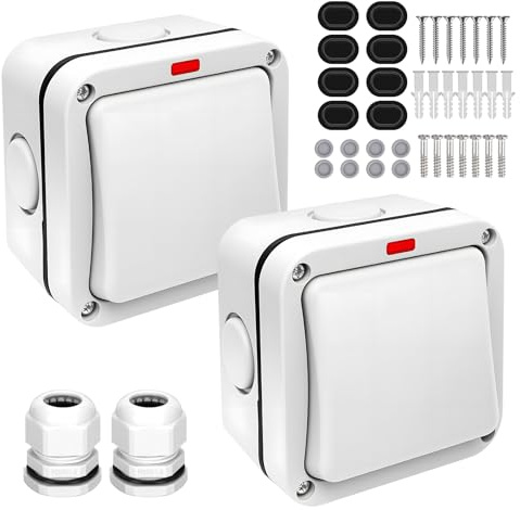 GOMETY Juego de 2 interruptores de luz para exteriores, resistentes a la intemperie, universales, 20 A, IP66, resistentes al agua, con luz de control, interruptor de superficie, para exteriores
