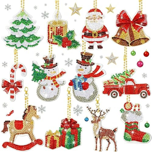Zamety Diamond Painting Weihnachten Schlüsselanhänger, 12 Stück Diamond Painting Adventskalender Anhänger, Kristallmalerei Schlüsselanhänger Weihnachten für Kinder Erwachsene Weihnachtsgeschenke